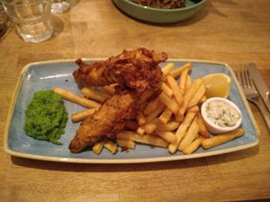 Banana blossom 'fish' & chips with 'mushy' pea puree at Harp & Crown in Corsham