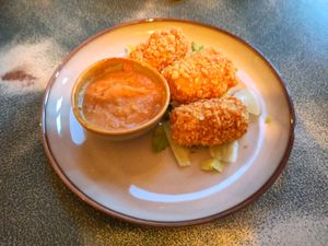 Beer battered tofu with satay dip at Harp & Crown in Corsham