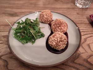 Chestnut, kale & mushroom bon bons with cherry sauce at Harp & Crown in Corsham