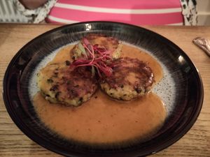 Bubble & squeak fritters with a gravy sauce at Harp & Crown in Corsham