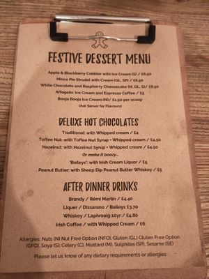 Festive dessert menu 2022 at Harp & Crown in Corsham