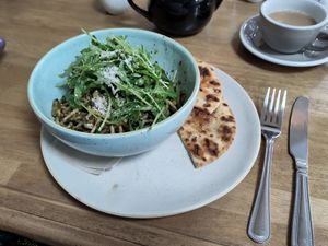Pesto pasta with garlic flatbread for Sunday lunch! at Harp & Crown in Corsham