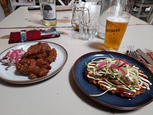 Starters (Seitan wings and teriyaki pancake) at Harp & Crown in Corsham
