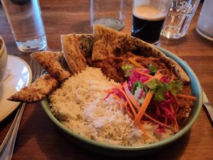Jamaican Curried Jackfruit: Creamy Coconut & Tomatoe Sauce with Potato & Jackfruit Served with a Pickled 
Cabbage Salad, Rice & Naan Bread at Harp & Crown in Corsham
