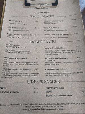 Sunday lunch menu April 2024 at Harp & Crown in Corsham