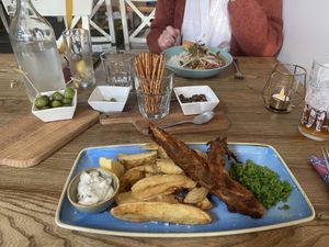 “Fish” and Chips, with Thai Green Curry.   at Harp & Crown in Corsham