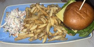 Burger, fries and coleslaw   at Harp & Crown in Corsham