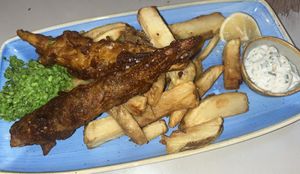Banana blossom fish and chips with tartare sauce and minted peas  at Harp & Crown in Corsham