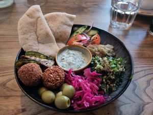 Greek mezze bowl at Harp & Crown in Corsham