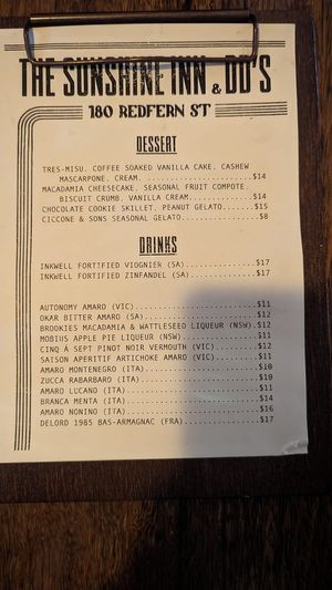 Dessert menu May 2024 at The Sunshine Inn in Redfern