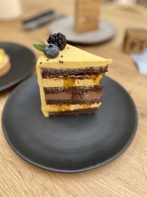 Vegan mango-passionfruit cake at Angel Cakes in Krasnodar