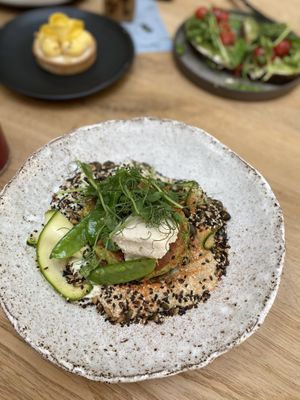 Vegan zucinni pancakes with basil sauce and almond ricotta at Angel Cakes in Krasnodar