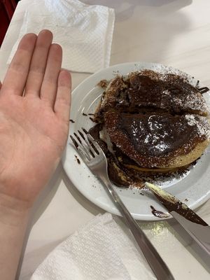 Vegan pancakes with vegan dark chocolate sauce! Many other vegan sauces available!  at 2Hearts Bakery in Palermo