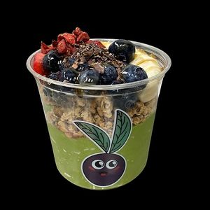 Green With Envy: Banana, mango, spinach, kale, lime juice, mint, matcha, avocado, almond milk.  Toppings: granola, strawberries, banana, gogi berries, cacao nibs, honey or agave. at Berri Purple in Lutherville-timonium