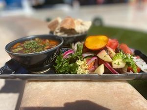 Our vegan stew is served with bread & salad.
 at Ellen Restaurant in Torremolinos