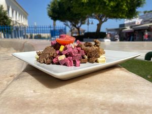 This is our tapas vegan meatballs. We serve it on rye bread with beetroot and vegan mayonnaise. at Ellen Restaurant in Torremolinos