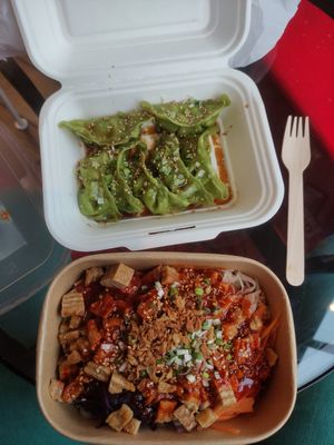 Spinach coloured veggie dumplings + tofu bibimbap with noodles at Kim Chi Korean Cafe in Hitchin