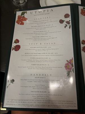 Menu  at Utopia  in Bangor