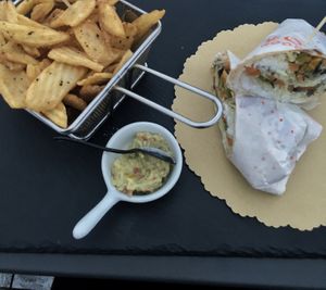 Vegan burrito with fries and guacamole at Old England Pub in Padua