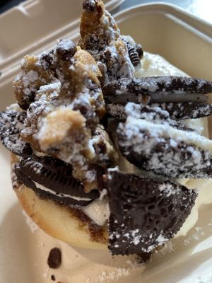 Cookies and milk cinnamon roll top view   at Cinnaholic in Pigeon Forge
