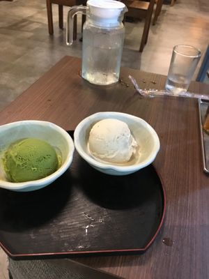 Green tea and vanilla vegan ice cream  at Wabi-Sabi Noodle House in Makati