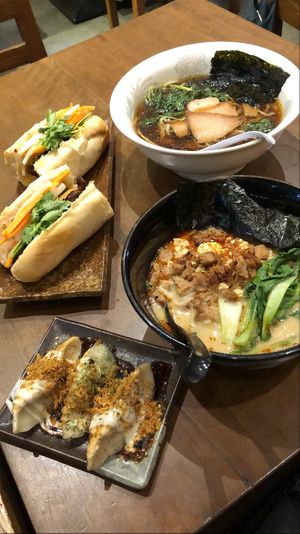 Bahn mi, okonomigyoza, shoyu ramen and tantanmen at Wabi-Sabi Noodle House in Makati