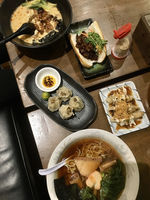 Tantanmen, Bahn Mi, Mushroom Shumai, Okonomigyoza, Shoyu Ramen  at Wabi-Sabi Noodle House in Makati