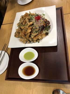 Fried shared option (3rd one) the green sauce is very good!  at Ooh Breado Teobachae - 터바채 비건 레스토랑 in Seoul