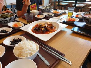 our table full of food at Ooh Breado Teobachae - 터바채 비건 레스토랑 in Seoul