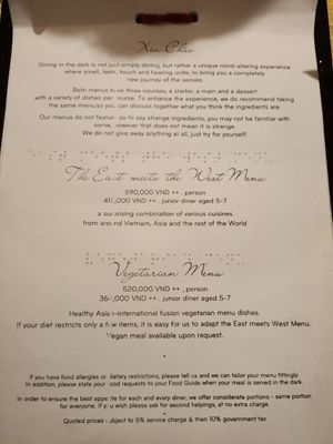 Menu at NOIR Dining in the Dark in Ho Chi Minh City