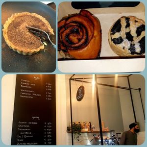 Chocolate tarte, cinnamon bun, poppy seed tarte. Main dish was different kinds of dal w/rice, salad, pumpkin w/home made cashew cheeze-sauce&home made tarte flambee. All delish!! at Das Suess'Kind Veganery in Vienna