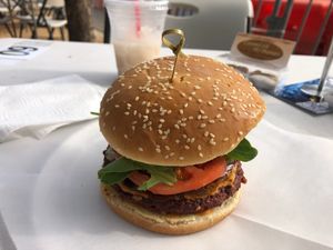 Beet burger at No Moo Foods in Sacramento