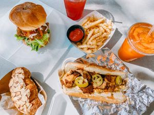 Vegan Chikn Sando, Vegan Philly Steak, Almond croissant (my fave), garlic fries, and some fresh squeezed juices at No Moo Foods in Sacramento