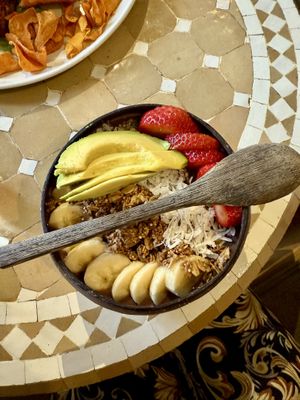 Açaí bowl with avocado  at Eat Real Cafe in Valencia