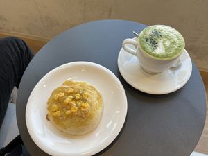Vegan Tuna & Sweetcorn Bread with Matcha Latte with Oat Milkk  at Kamogawa Bakery - Kamigyo in Kyoto