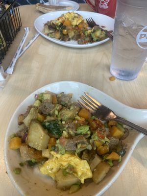 Vegan skillet with just egg and vegan sausage split in half and mixed here  at Two Chicks in Reno