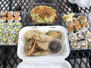 Tempura, sushi pizza and amazing rolls!  at Tenon Vegan Sushi in Toronto
