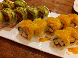 Caterpillar roll and golden dragon roll at Tenon Vegan Sushi in Toronto