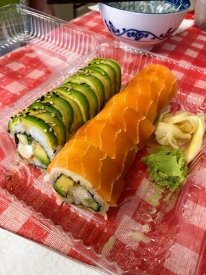 Green dragon vs red dragon. Would do an endless rematch over and over again    at Tenon Vegan Sushi in Toronto