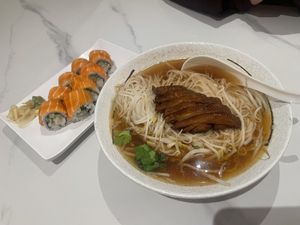 Red Dragon Roll and Duck Rice Noodle Soupp  at Tenon Vegan Sushi in Toronto