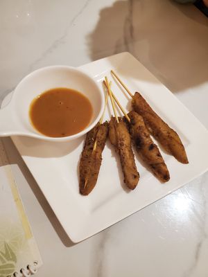 Kai Satay 4 pcs...Vegan chick'n skewer with peanut sauce at Tenon Vegan Sushi in Toronto