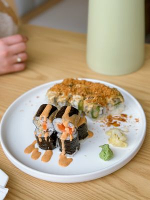 Spicy Salmon Roll + Tenon Special Roll  at Tenon Vegan Sushi in Toronto
