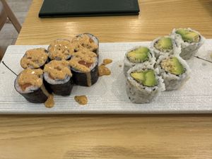 Spicy “salmon” and crunchy avocado rolls  at Tenon Vegan Sushi in Toronto