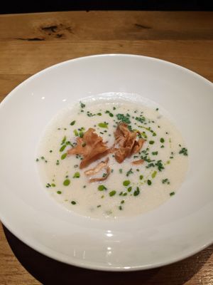 Vegan cream of Jerusalem artichoke soup at Xaver's in Munich