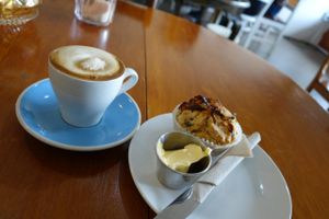Wonderful Vegan Savory Muffin with Soy Flat White. at Cosset in Auckland