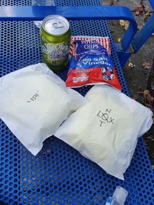 Enjoyed on a local bench  at Ben & Esther's Vegan Jewish Deli in Portland