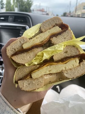 Bagel bacon and egg vegan  at Ben & Esther's Vegan Jewish Deli in Portland