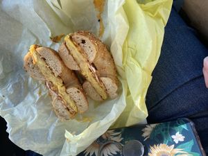 Bacon, egg, and cheese on a garlic bagel  at Ben & Esther's Vegan Jewish Deli in Portland