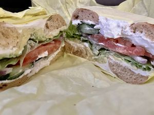 Veggie bagel sandwich   at Ben & Esther's Vegan Jewish Deli in Portland