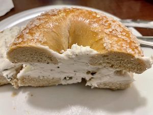 Lemon dill schmear on salt bagel   at Ben & Esther's Vegan Jewish Deli in Portland